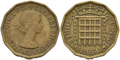 Великобритания 3 пенса 1964 Елизавета II (1952-2022) KM 900, Spink 4153 никель латунь 4146-352