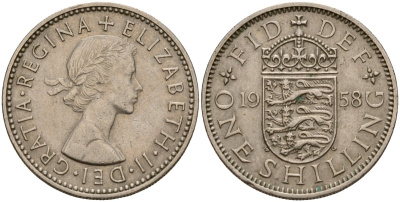 Великобритания 1 шиллинг 1958 Елизавета II (1952-2022), Английский герб KM 904, Spink 4147 медно-никель 4187-1056