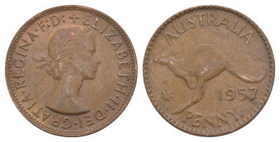 Австралия 1 пенни 1957 . , Елизавета II (1952-2022), кенгуру KM 56 бронза 82-1135