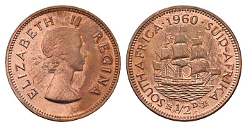 ЮАР 1/2 пенни 1960 Елизавета II (1952-1960), парусник KM 45 бронза UNC 4693-232