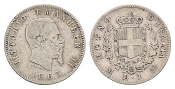 Италия 1 лира 1863 M, Виктор Эммануил II (1861-1878) KM 5a.1 серебро 27-1041