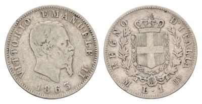 Италия 1 лира 1863 M, Виктор Эммануил II (1861-1878) KM 5a.1 серебро 27-1041