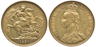 Великобритания 2 фунта 1887 Виктория (1837-1901) KM 768, Spink 3865 золото 00-000-00