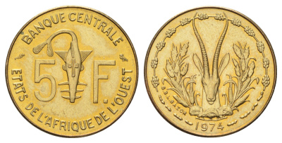 Западная Африка (ВСЕАО) 5 франков 1974 KM 2a медь алюминий никель UNC 4659-134
