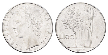 Италия 100 лир 1977 R, Афина в доспехах KM 96.1 нержавеющая сталь 4704-742