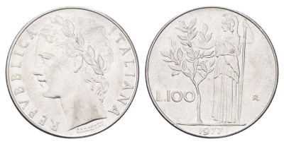 Италия 100 лир 1977 R, Афина в доспехах KM 96.1 нержавеющая сталь 4704-742