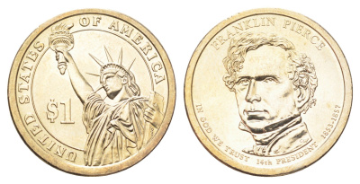 США 1 доллар 2010 P, Президент США - Франклин Пирс (1853-1857) KM 476 медь с марганцево-латунным покрытием UNC 4703-1225