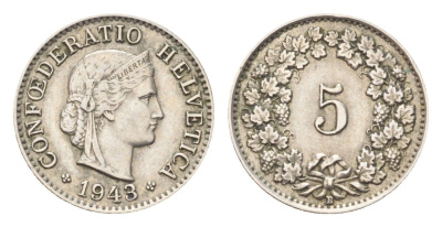 Швейцария 5 раппенов 1943 B KM 26 медно-никель 4705-1236