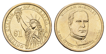 США 1 доллар 2013 P, Президент США - Уильям Мак-Кинли (1897–1901) KM 547 медь с марганцево-латунным покрытием UNC 4700-1027