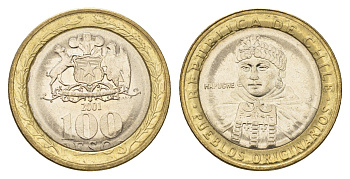 Чили 100 песо 2001 индейцы Мапуче KM 236 биметалл UNC 4695-1137