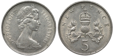 Великобритания 5 пенсов 1970 Елизавета II (1952-2022) KM 911, Spink 4233 (D1) медно-никель 4122-951