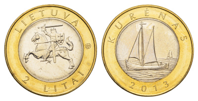 Литва 2 лита 2013 Создано человеком и природой - Куренас KM 188 биметалл UNC 4699-117