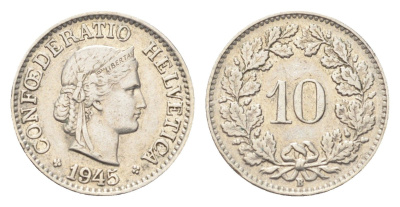 Швейцария 10 раппенов 1945 B KM 27 медно-никель 4708-159