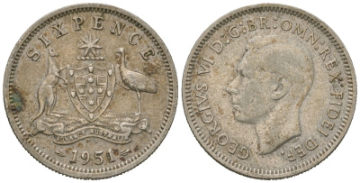 Австралия 6 пенсов 1951 Георг VI (1936-1952) KM 45 серебро 4621-221